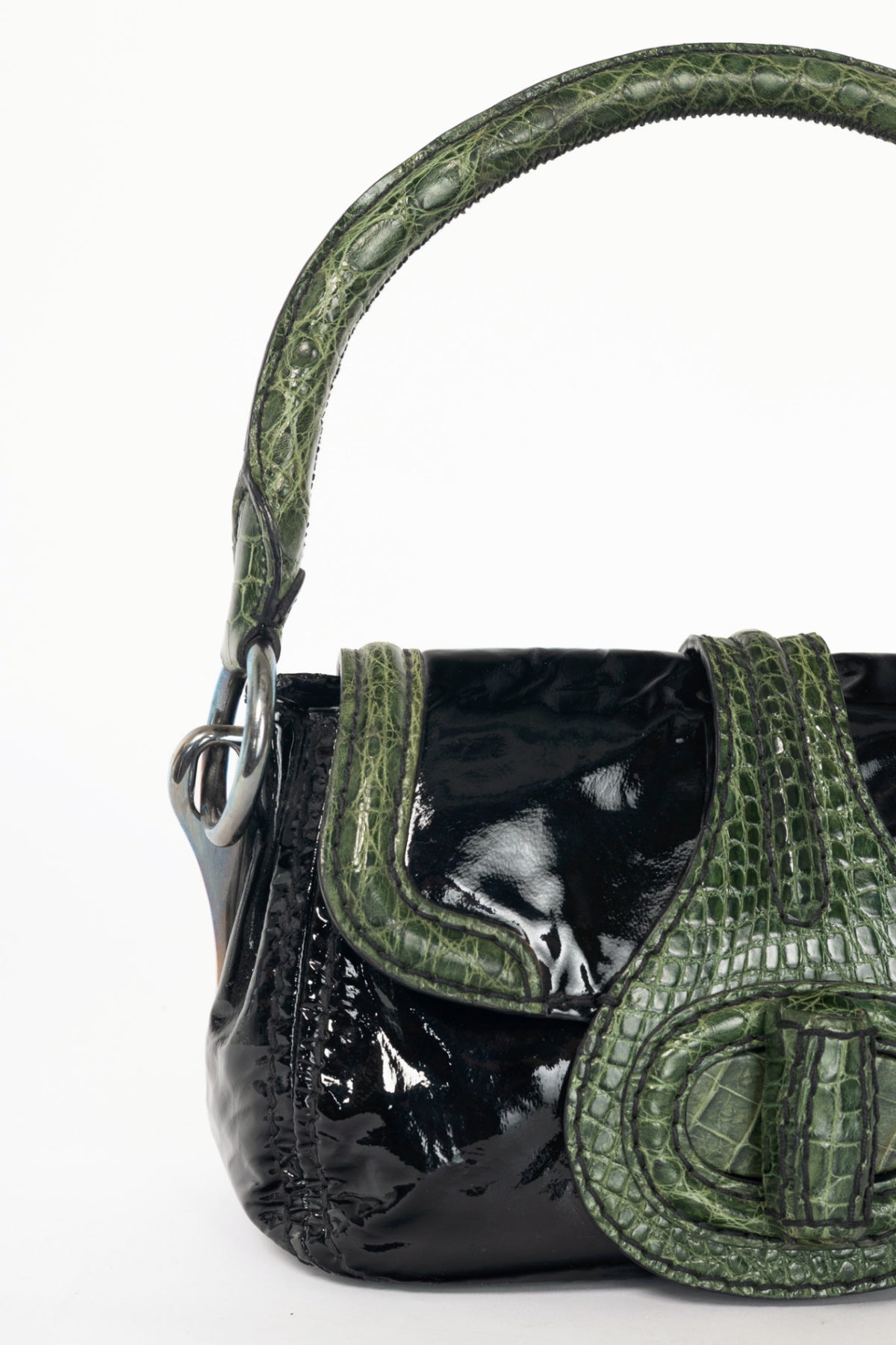 Prada AW10 Pattina Sottospalla Nero Vernice & Green Croc-Embossed Leather Handbag