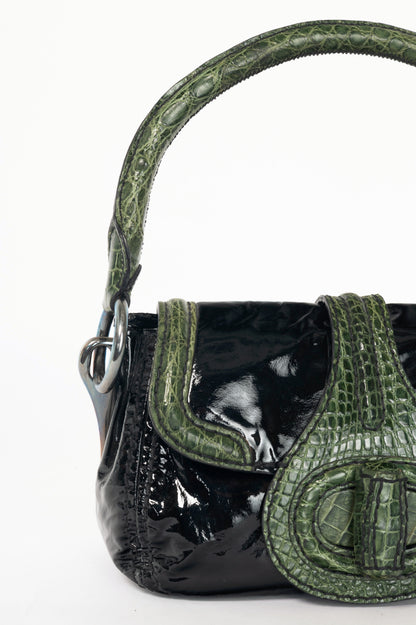 Prada AW10 Pattina Sottospalla Nero Vernice & Green Croc-Embossed Leather Handbag