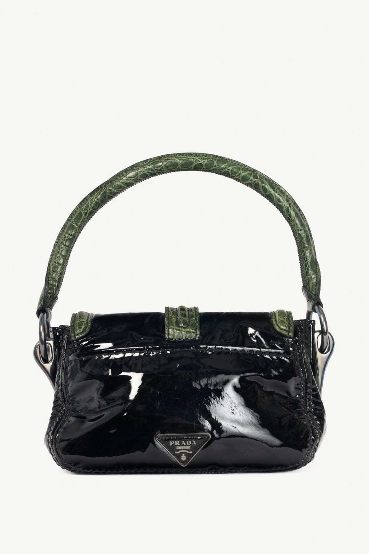 Prada AW10 Pattina Sottospalla Nero Vernice & Green Croc-Embossed Leather Handbag