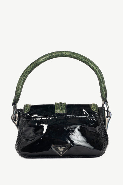 Prada AW10 Pattina Sottospalla Nero Vernice & Green Croc-Embossed Leather Handbag