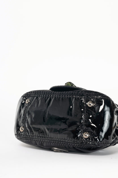 Prada AW10 Pattina Sottospalla Nero Vernice & Green Croc-Embossed Leather Handbag