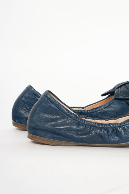 Prada AW13 Blue Leather Bow Scrunch Ballet Flats