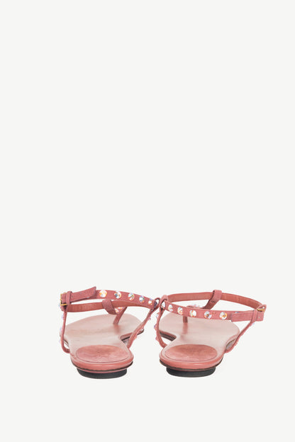 Gucci Yulia Pink Suede Crystal-Embellished Flat T-Strap Sandals