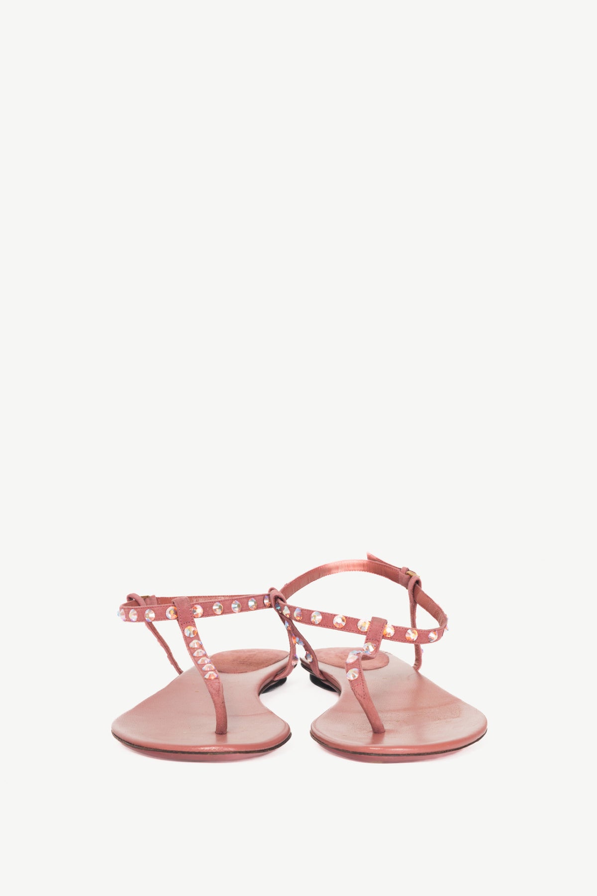 Gucci Yulia Pink Suede Crystal-Embellished Flat T-Strap Sandals