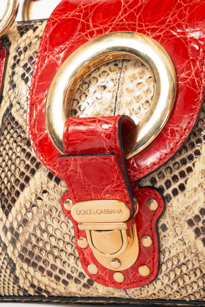 Dolce & Gabbana Beige Python & Red Croc-Embossed Leather Studded Handbag