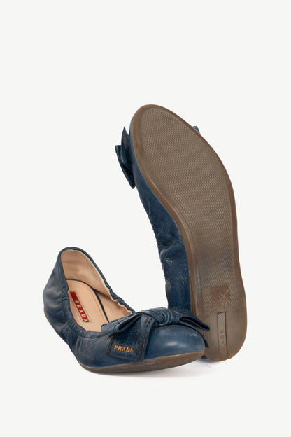 Prada AW13 Blue Leather Bow Scrunch Ballet Flats