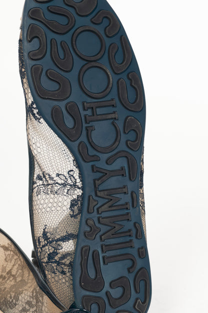 Jimmy Choo Waltz Navy Lace & Patent Leather Bow Ballet Flats