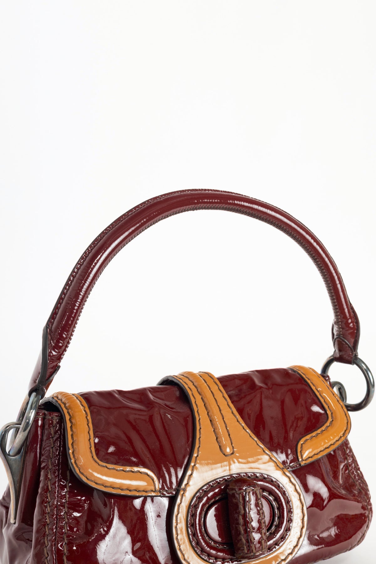 Prada AW10 Pattina Sottospalla Amarena & Cammello Vernice Leather Handbag