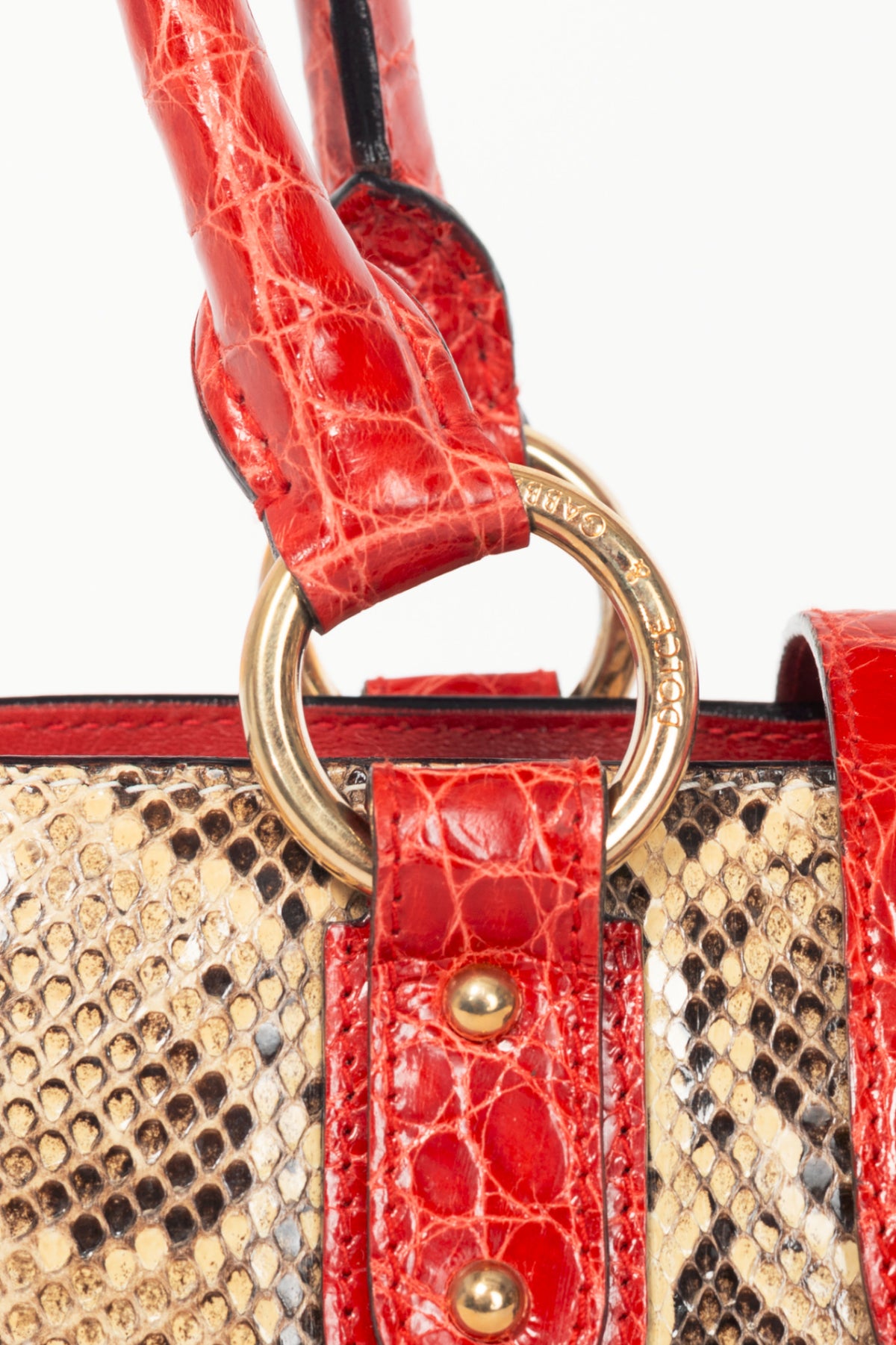 Dolce & Gabbana Beige Python & Red Croc-Embossed Leather Studded Handbag
