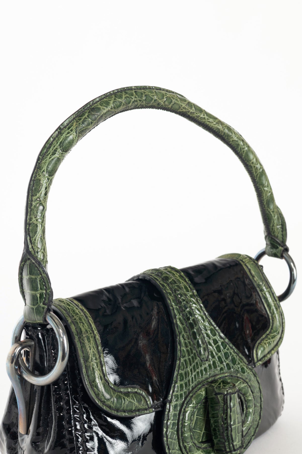 Prada AW10 Pattina Sottospalla Nero Vernice & Green Croc-Embossed Leather Handbag