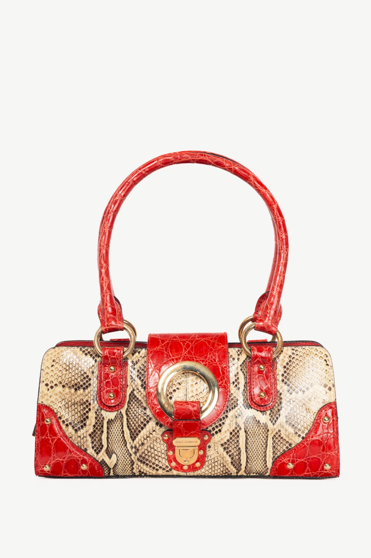 Dolce & Gabbana Beige Python & Red Croc-Embossed Leather Studded Handbag