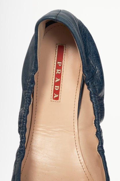 Prada AW13 Blue Leather Bow Scrunch Ballet Flats