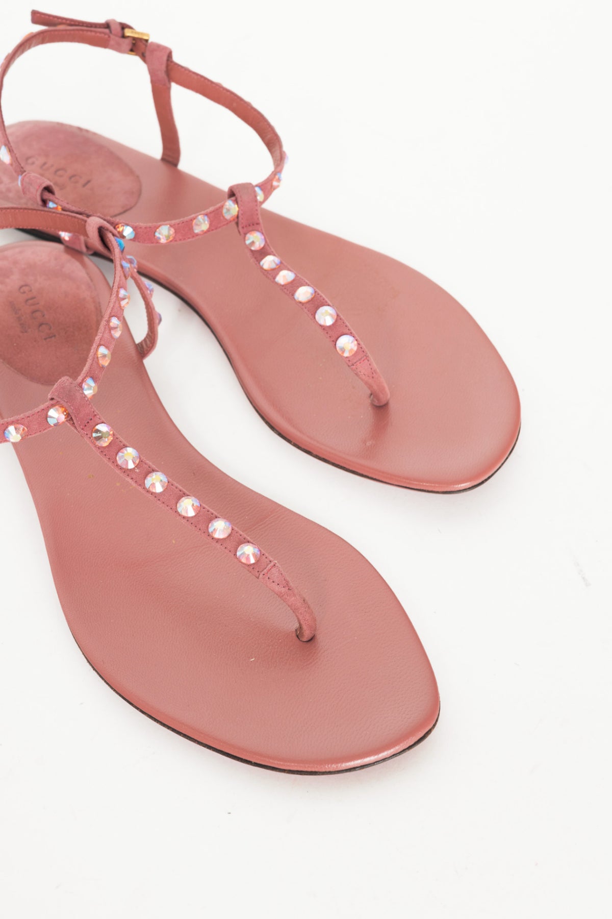 Gucci Yulia Pink Suede Crystal-Embellished Flat T-Strap Sandals