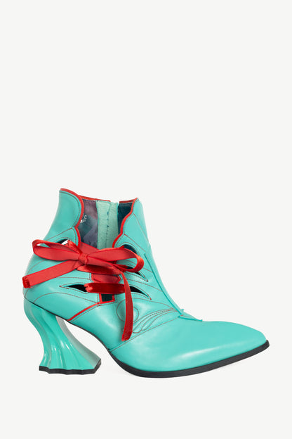 John Fluevog Deliverance Jodie Aqua Embroidered Side-Lace Ankle Boots
