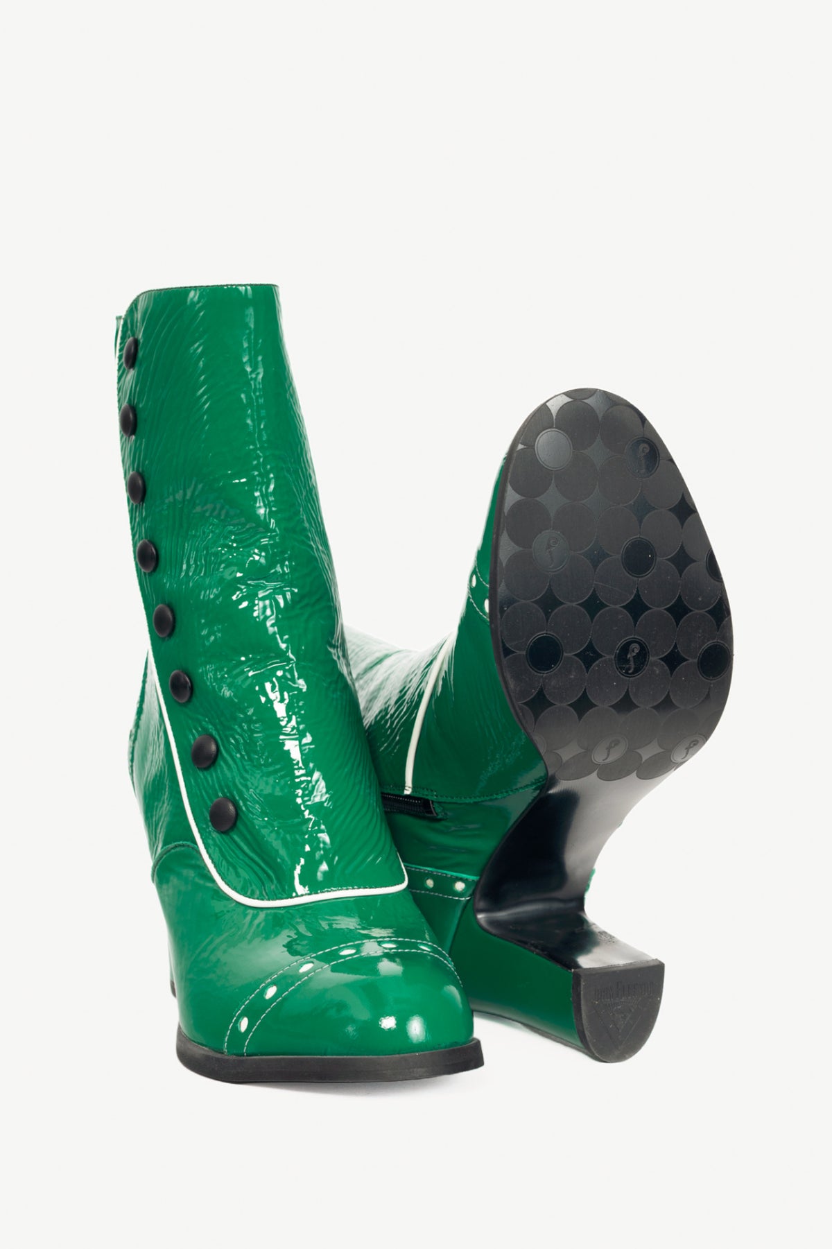 John Fluevog Attic Denise Green Patent Decorative-Button Boots