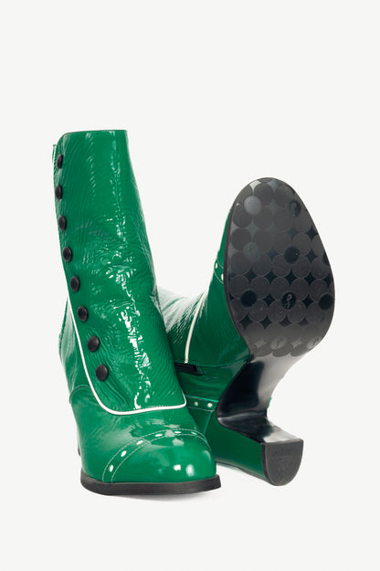 John Fluevog Attic Denise Green Patent Decorative-Button Boots