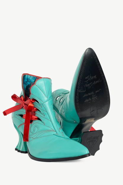 John Fluevog Deliverance Jodie Aqua Embroidered Side-Lace Ankle Boots