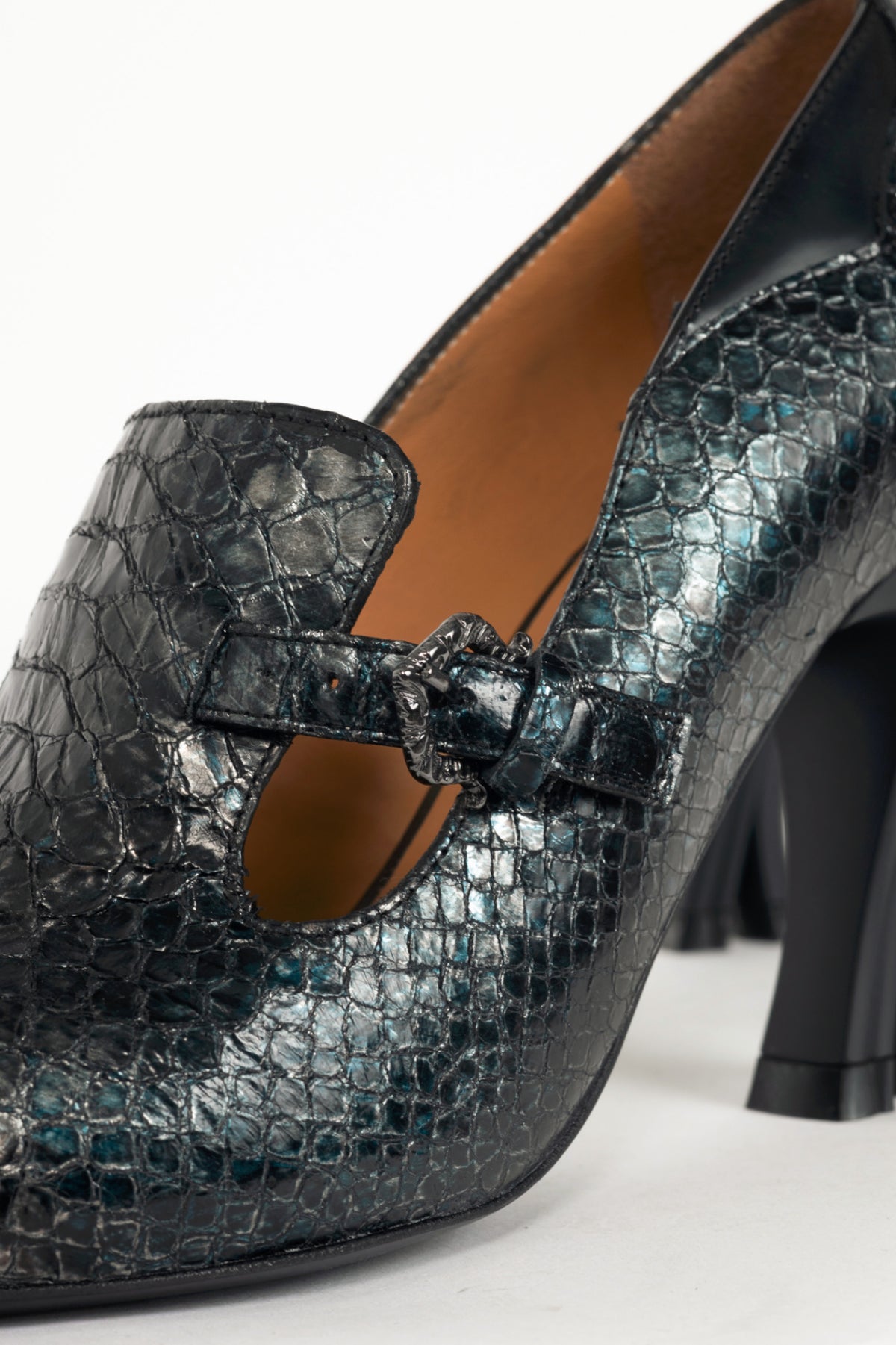 John Fluevog Celestial Communication Linda Clayton Blue Snake Loafer Pumps