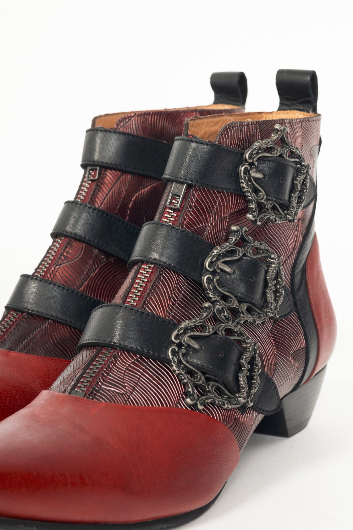 John Fluevog Truth Eileen Red Victorian Buckle Booties
