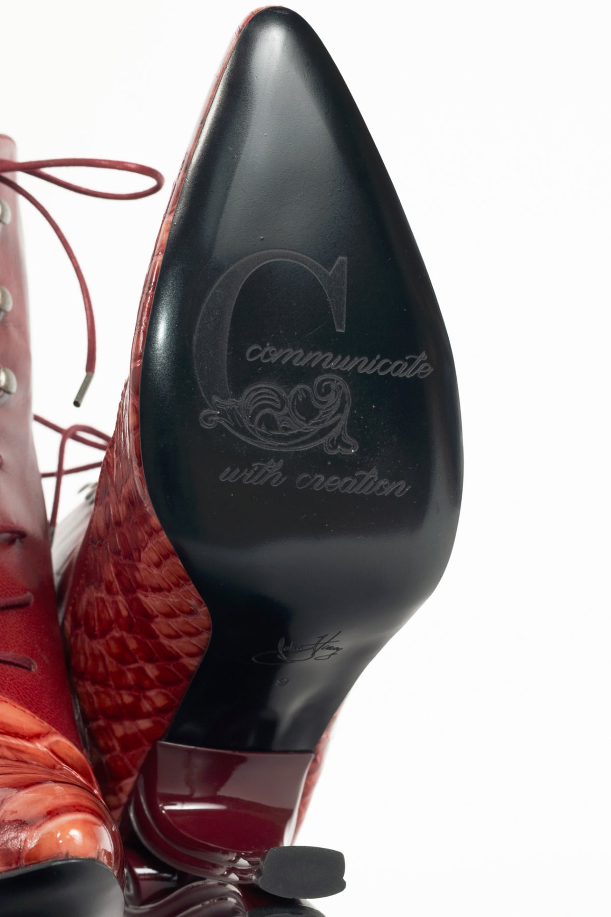 John Fluevog Celestial Communication Seraphina Red Patent-Embossed Lace-Up Boots