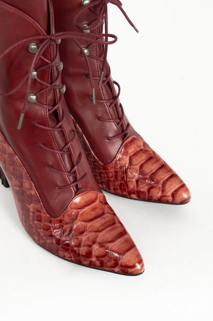 John Fluevog Celestial Communication Seraphina Red Patent-Embossed Lace-Up Boots