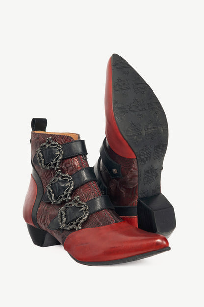 John Fluevog Truth Eileen Red Victorian Buckle Booties