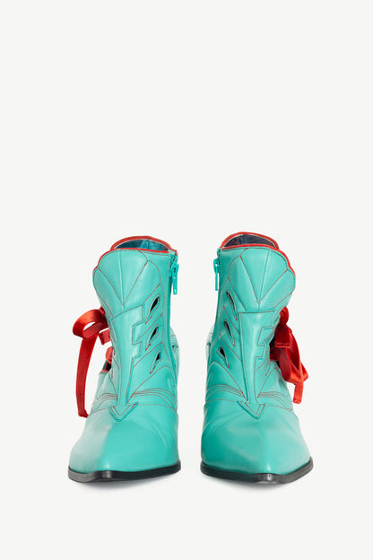John Fluevog Deliverance Jodie Aqua Embroidered Side-Lace Ankle Boots