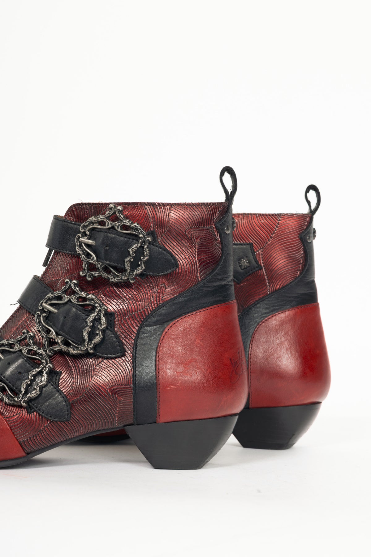 John Fluevog Truth Eileen Red Victorian Buckle Booties