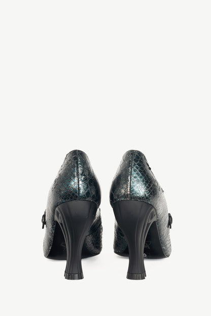 John Fluevog Celestial Communication Linda Clayton Blue Snake Loafer Pumps