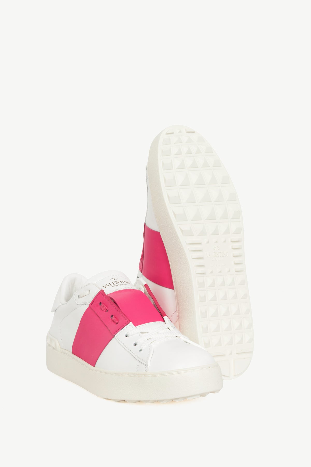 Valentino Garavani Open Bianco & Pink Stripe Low-Top Rockstud Sneakers