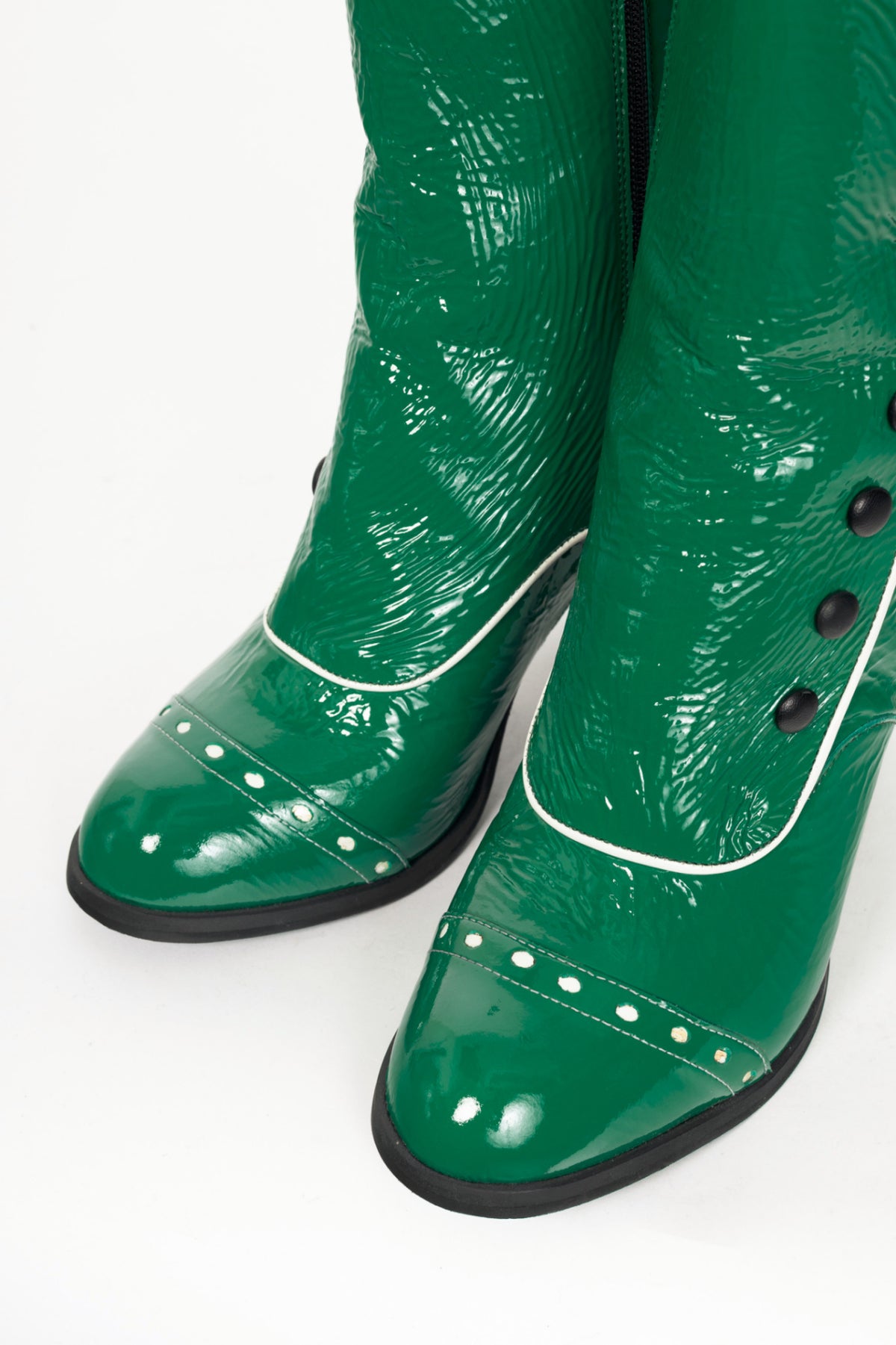 John Fluevog Attic Denise Green Patent Decorative-Button Boots