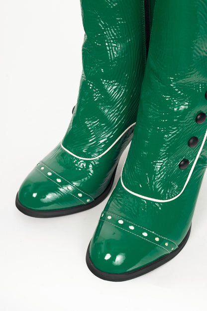John Fluevog Attic Denise Green Patent Decorative-Button Boots