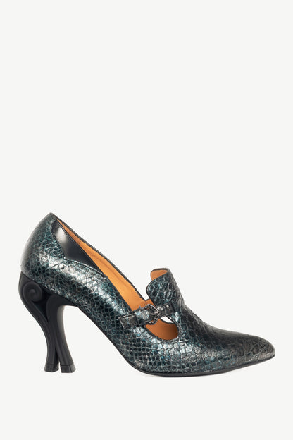 John Fluevog Celestial Communication Linda Clayton Blue Snake Loafer Pumps