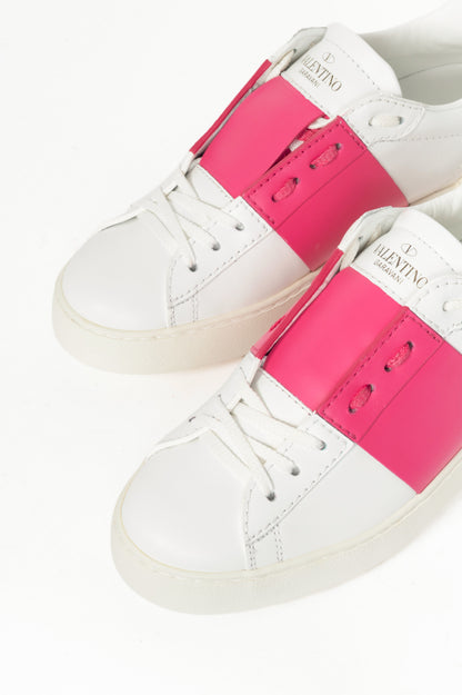 Valentino Garavani Open Bianco & Pink Stripe Low-Top Rockstud Sneakers