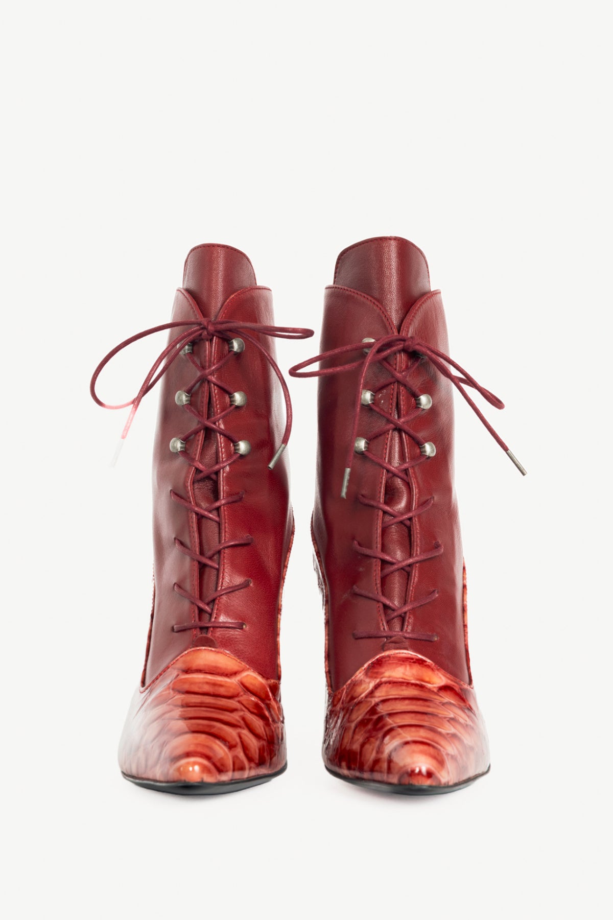 John Fluevog Celestial Communication Seraphina Red Patent-Embossed Lace-Up Boots