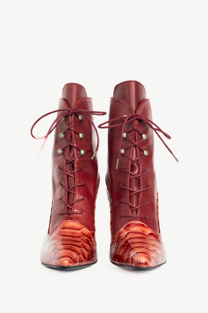 John Fluevog Celestial Communication Seraphina Red Patent-Embossed Lace-Up Boots