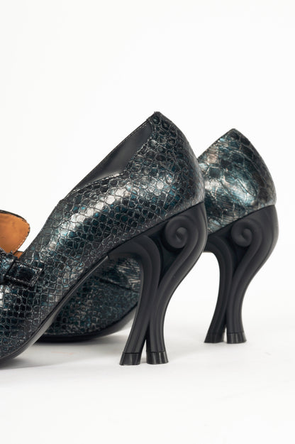 John Fluevog Celestial Communication Linda Clayton Blue Snake Loafer Pumps