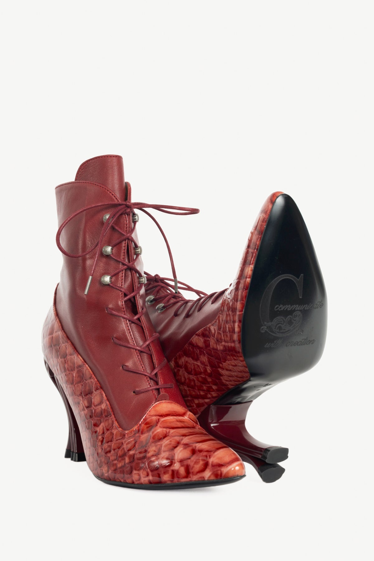 John Fluevog Celestial Communication Seraphina Red Patent-Embossed Lace-Up Boots