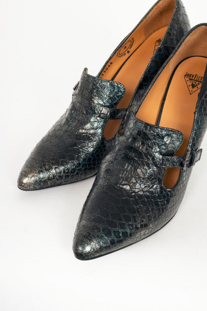 John Fluevog Celestial Communication Linda Clayton Blue Snake Loafer Pumps