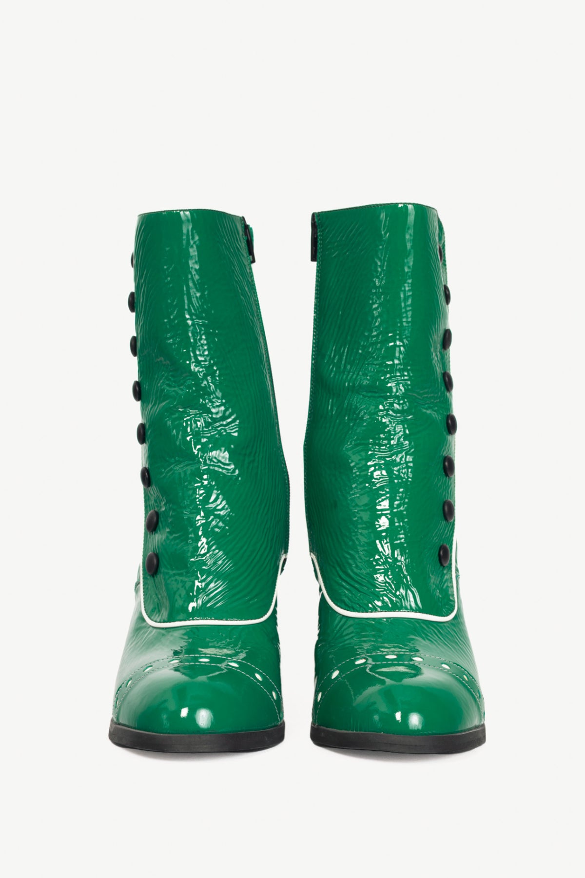 John Fluevog Attic Denise Green Patent Decorative-Button Boots