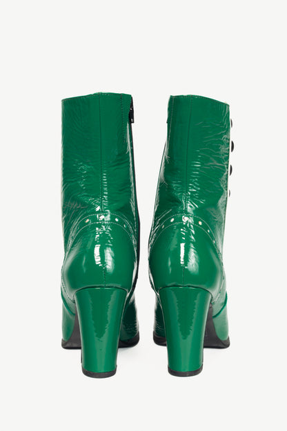 John Fluevog Attic Denise Green Patent Decorative-Button Boots