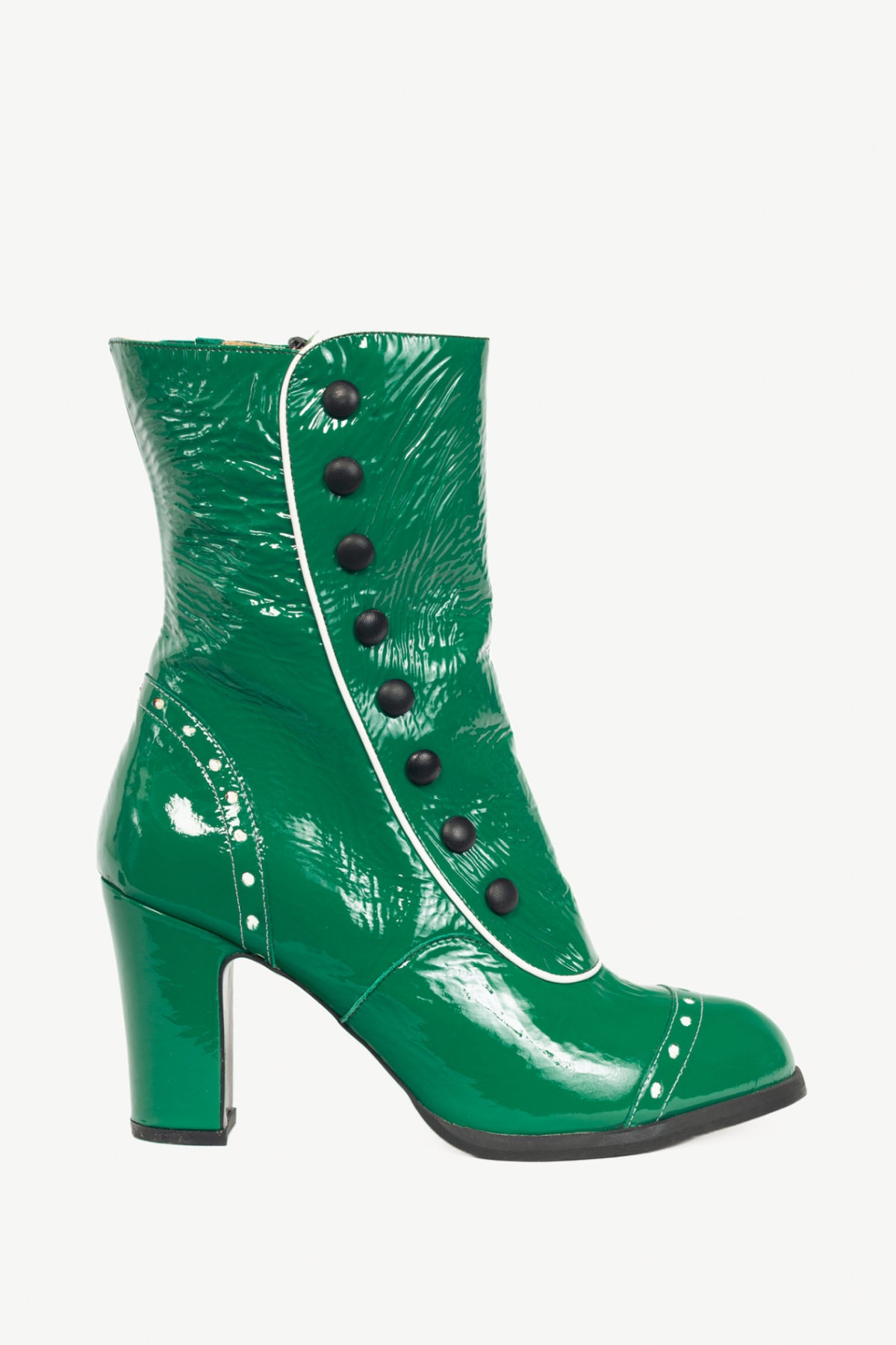 John Fluevog Attic Denise Green Patent Decorative-Button Boots