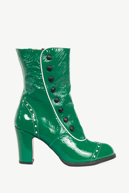 John Fluevog Attic Denise Green Patent Decorative-Button Boots