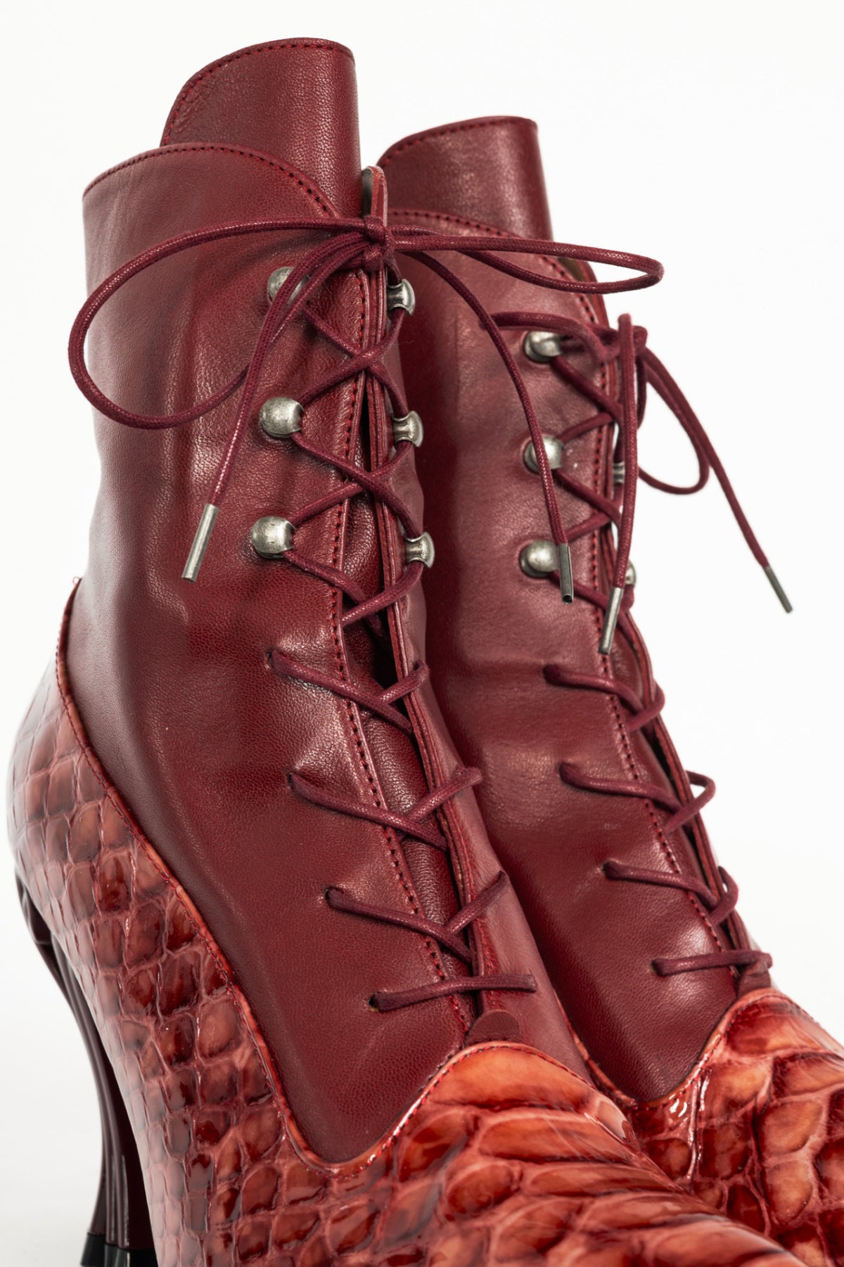 John Fluevog Celestial Communication Seraphina Red Patent-Embossed Lace-Up Boots