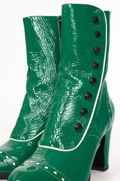 John Fluevog Attic Denise Green Patent Decorative-Button Boots