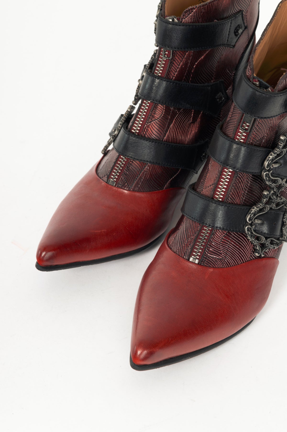 John Fluevog Truth Eileen Red Victorian Buckle Booties