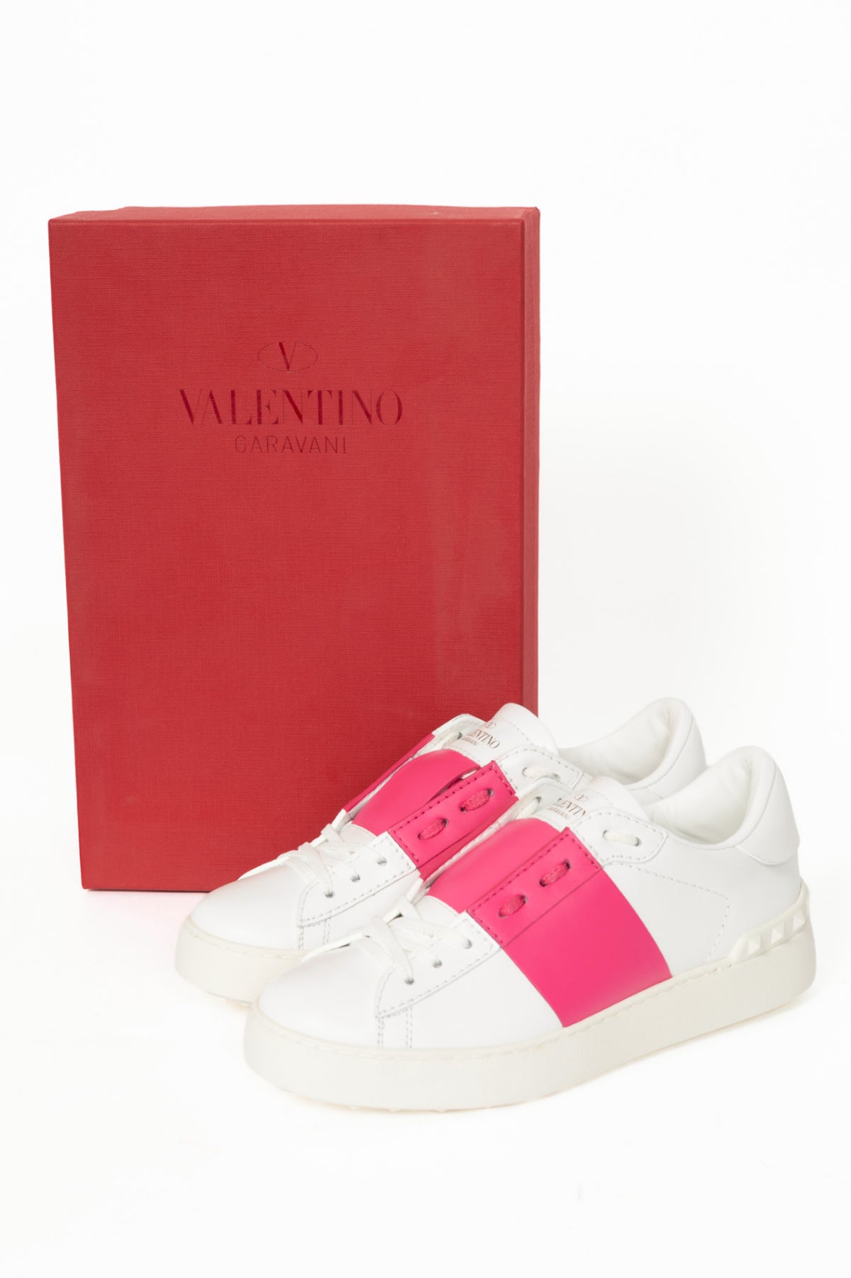 Valentino Garavani Open Bianco & Pink Stripe Low-Top Rockstud Sneakers