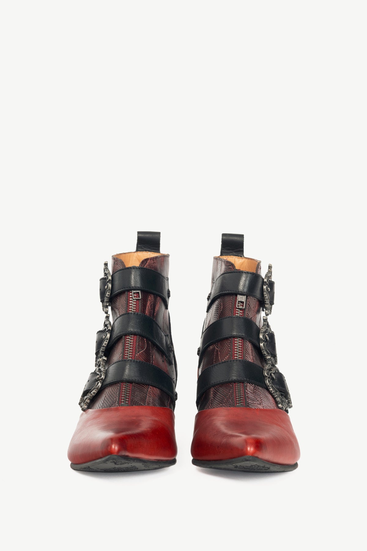 John Fluevog Truth Eileen Red Victorian Buckle Booties
