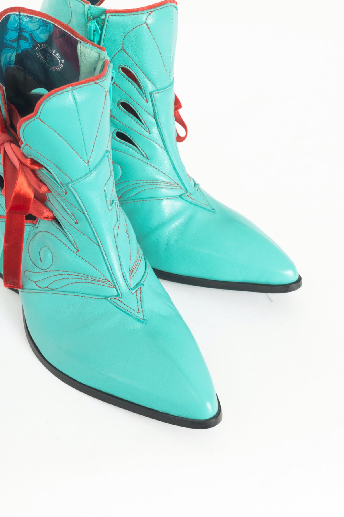 John Fluevog Deliverance Jodie Aqua Embroidered Side-Lace Ankle Boots