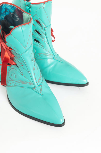 John Fluevog Deliverance Jodie Aqua Embroidered Side-Lace Ankle Boots